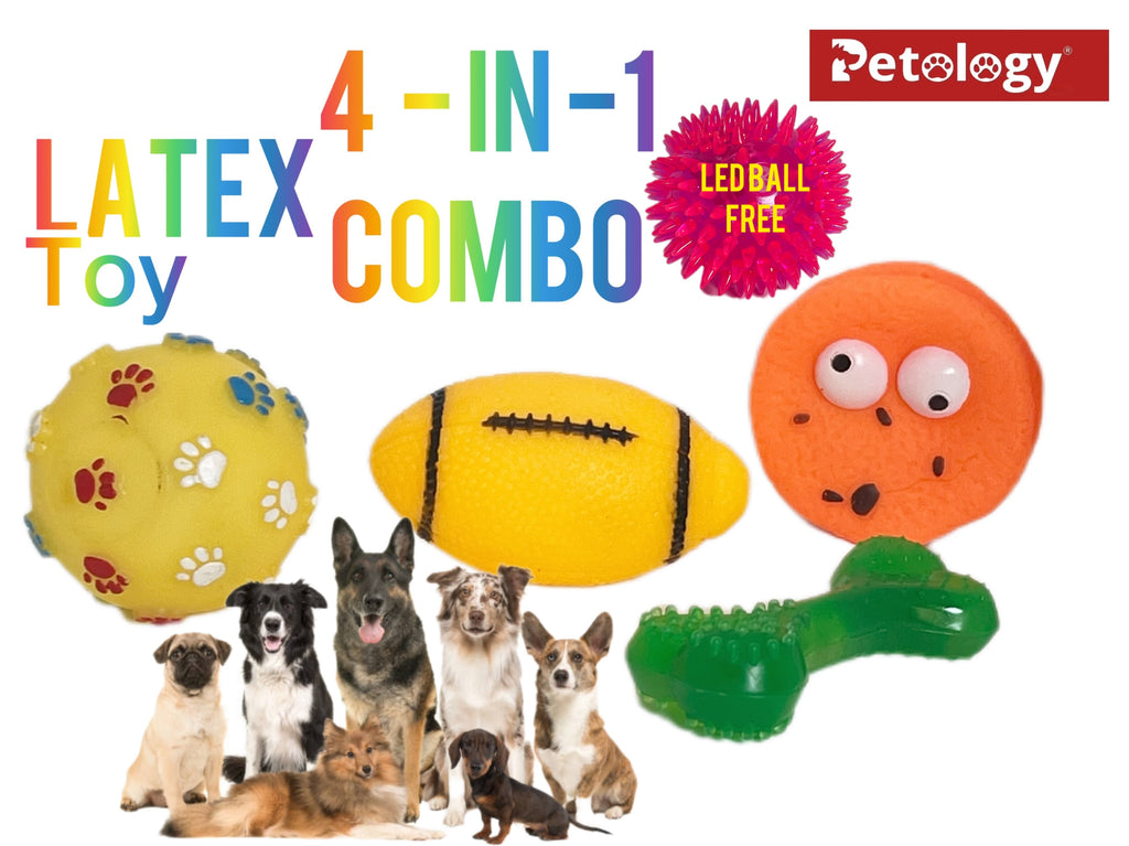 Petology 3-in-1 Combo pet friendly Latex Dog Squeaky Toys-Paw Ball- Rugby ball-Donut-Chew bone-Medium- Small Dogs & Puppies ,Dog Chew Toy for Teething, Chewing, Training Playing