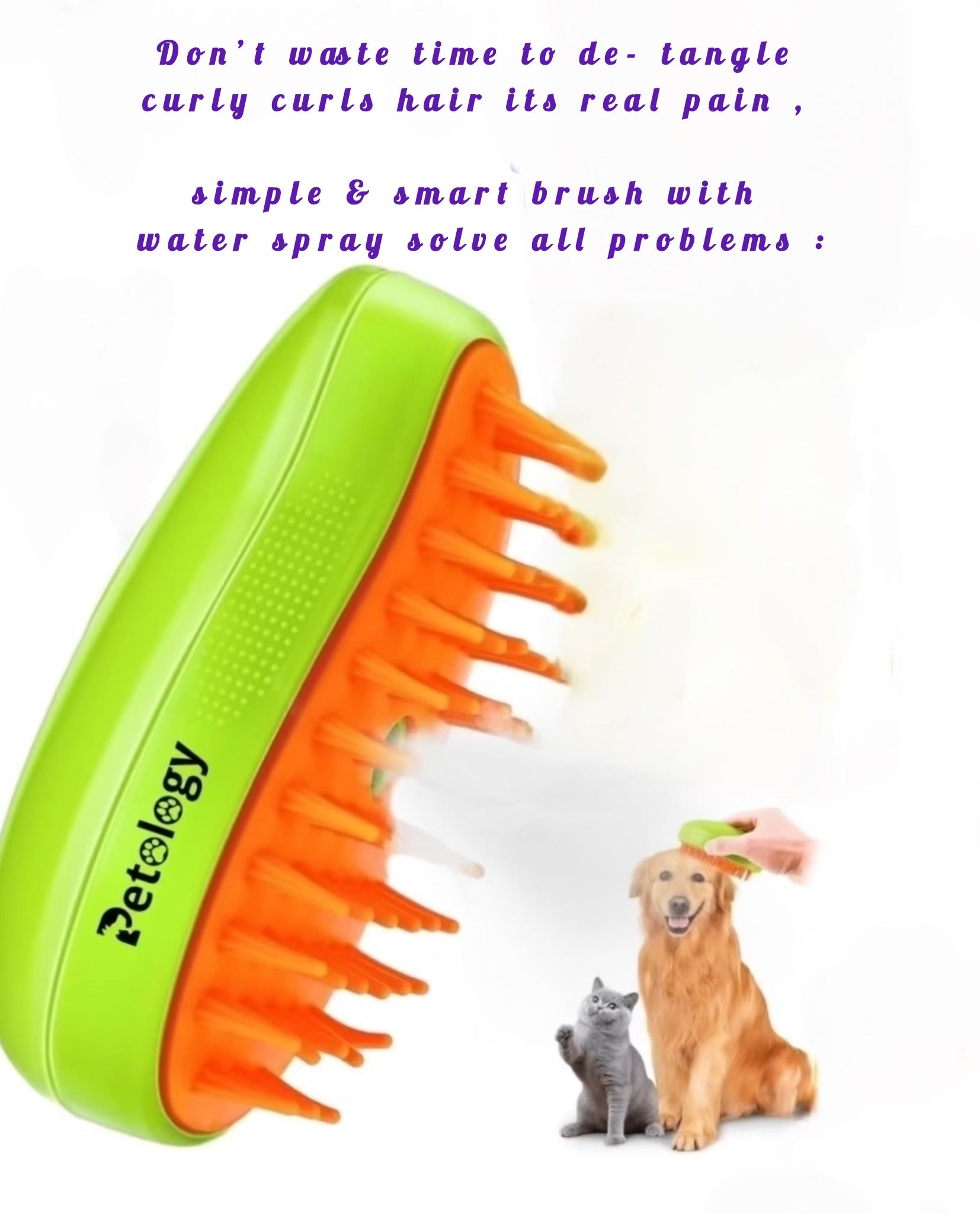 Pet grooming brush with water spray attachment on a white background, featuring text about pet hair care.