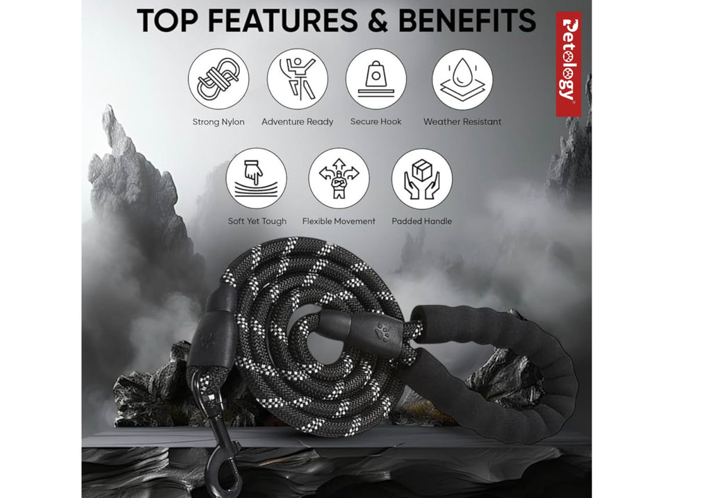 Petology Heavy Duty Nylon Dog Leash Anti Slip Padded Handle Long Highly Reflective Dog Rope for Medium & Large Dogs Training Leash (Black, 5 & 6.5 Feet Long)