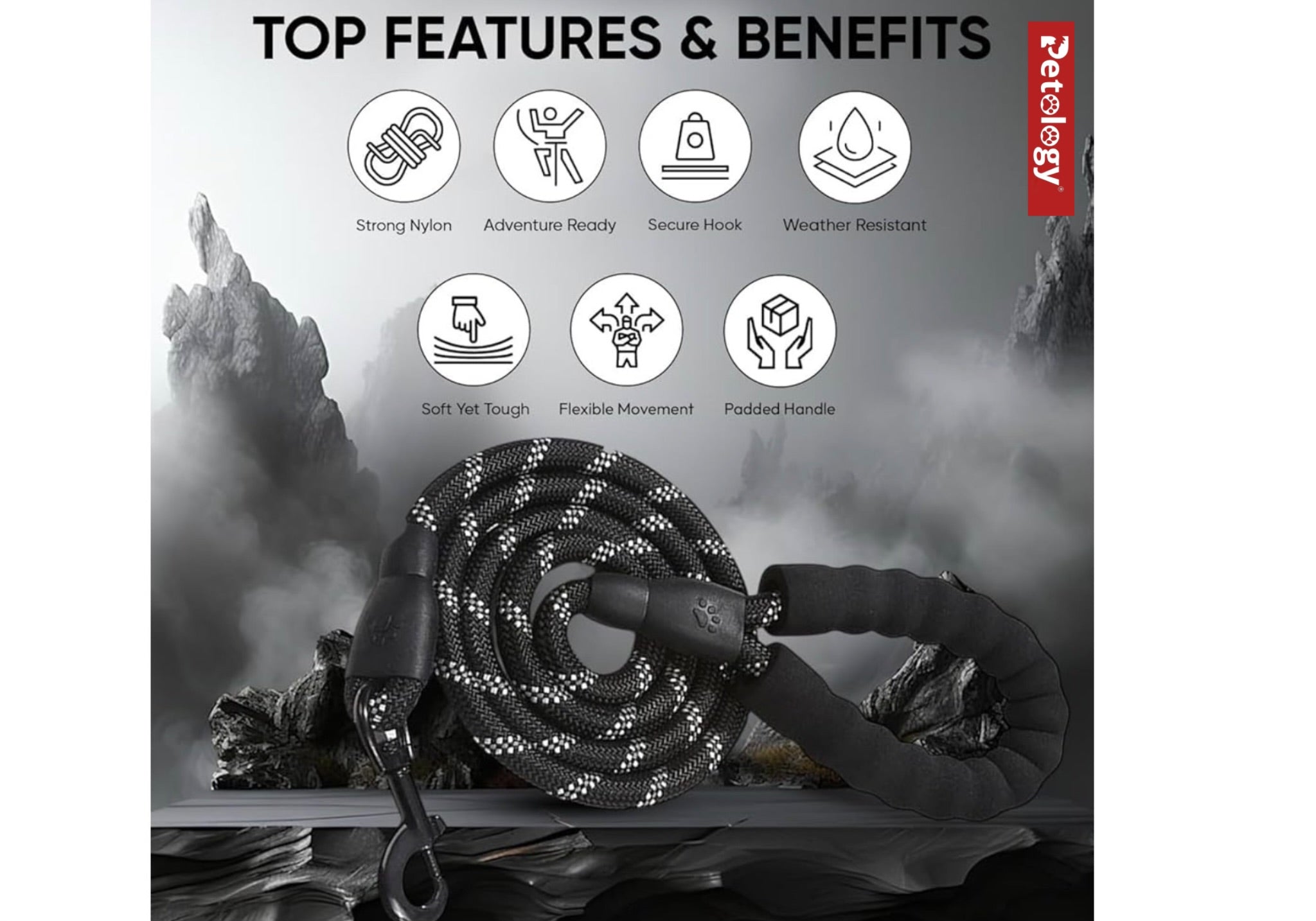 Petology Heavy Duty Nylon Dog Leash Anti Slip Padded Handle Long Highly Reflective Dog Rope for Medium & Large Dogs Training Leash (Black, 5 & 6.5 Feet Long)