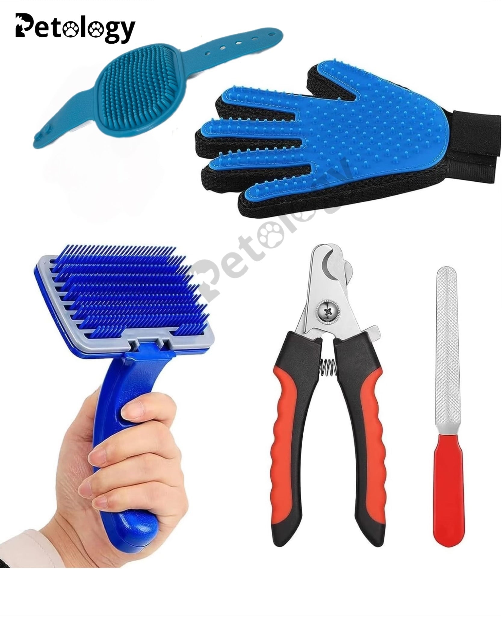 Petology Hi Health hygiene set (Combo 6 pcs) Pet Slicker Brush,Hair Comb Single Sided,Nail Clipper ,Nail Grinder ,Grooming Gloves Kit & Palm brush for All Breeds &  Age Dog, Cat, Rabbit & Hamster