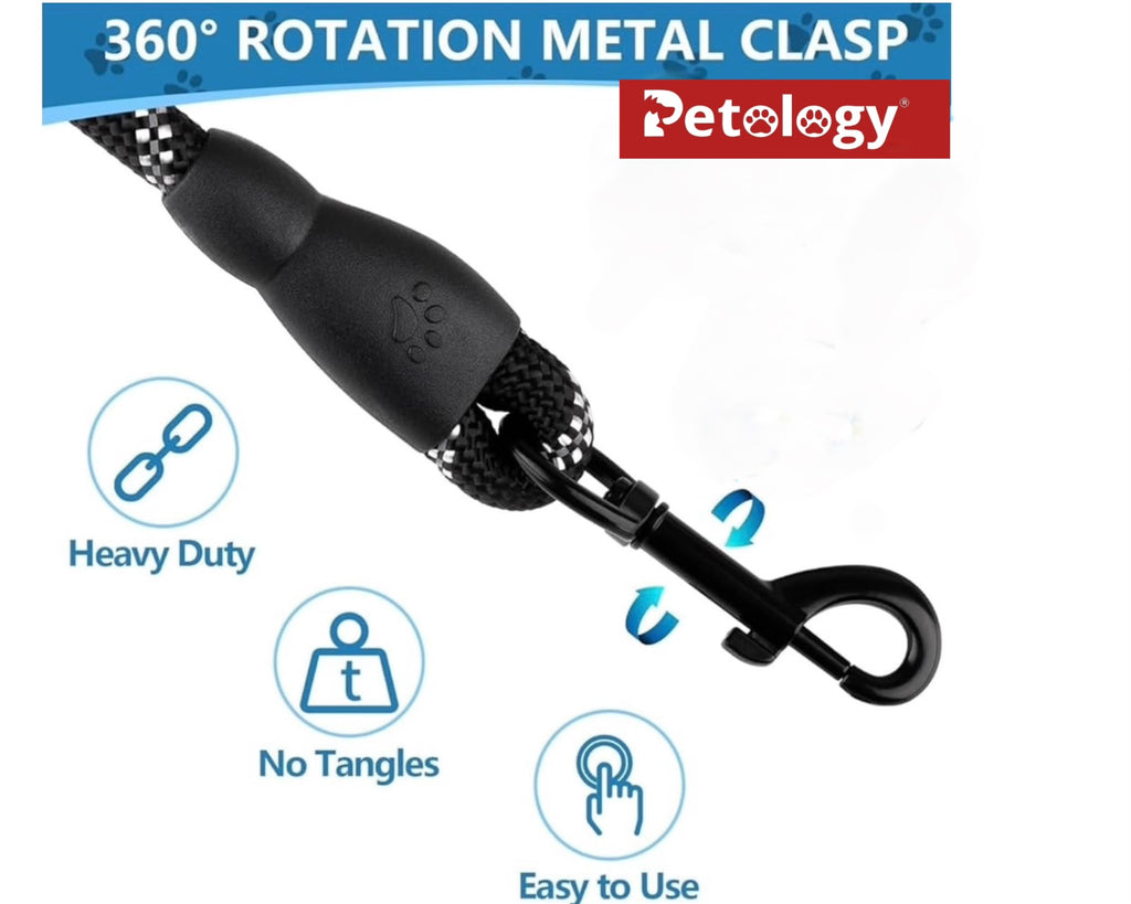 Petology Heavy Duty Nylon Dog Leash Anti Slip Padded Handle Long Highly Reflective Dog Rope for Medium & Large Dogs Training Leash (Black, 5 & 6.5 Feet Long)