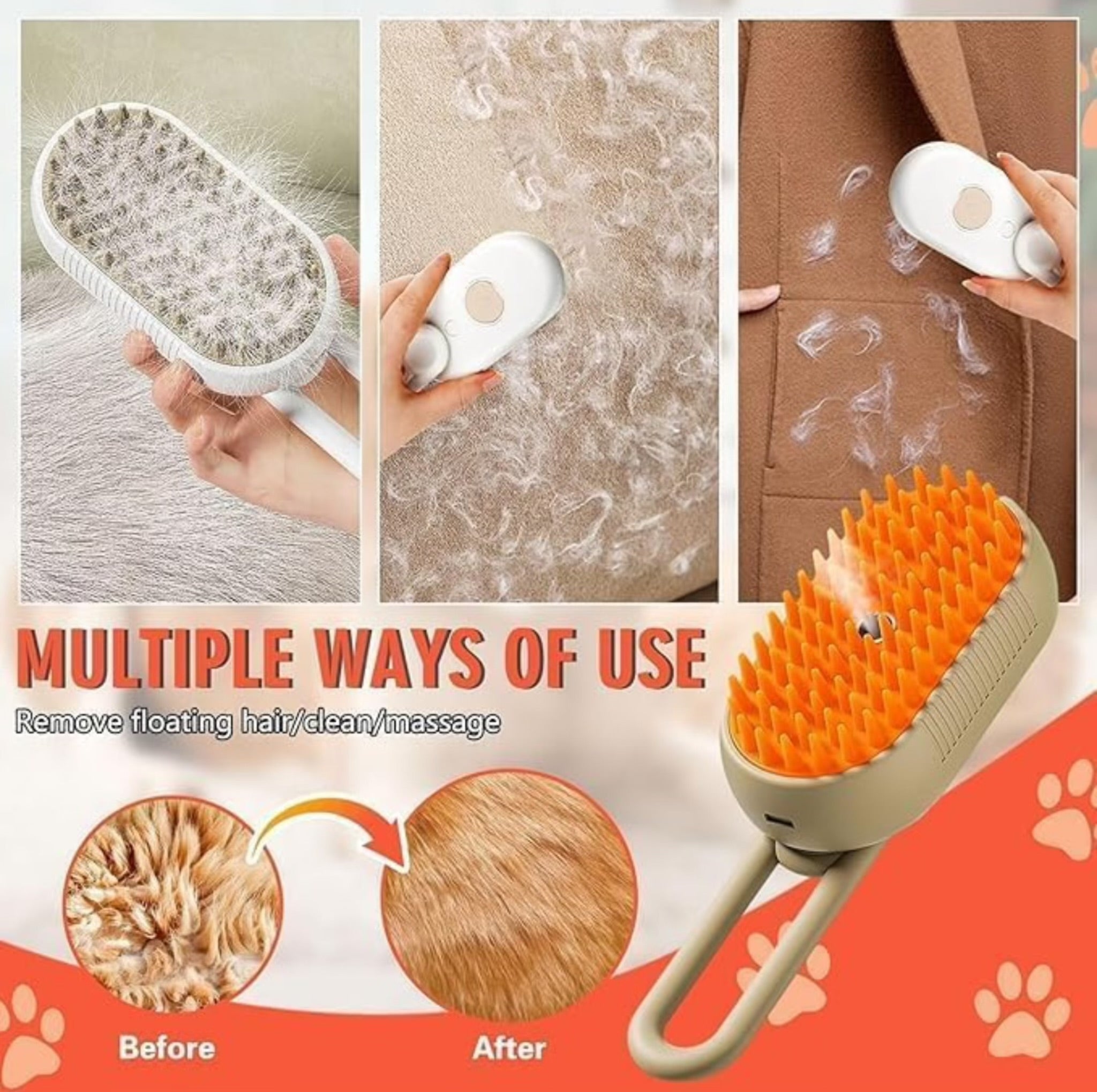 Petology exclusive Steam Brush for Dog & Cat  3 in 1 Water Brush for Dogs Silicone Massage Dog Comb Electric Multifunctional Water Brush Spa for Dogs USB Rechargeable Steamy Brush (Beige with orange)