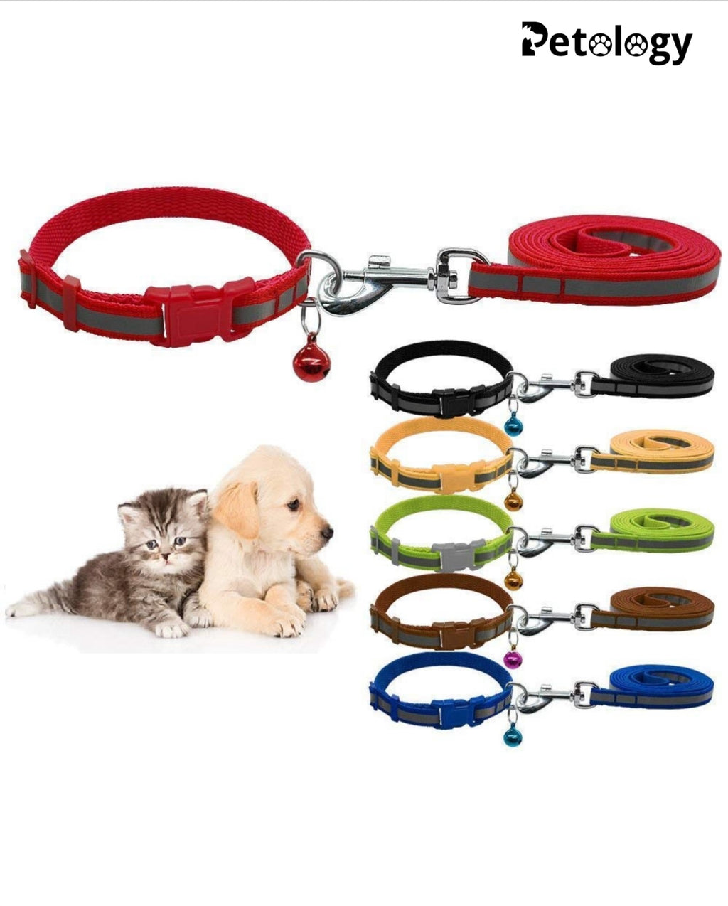 PLAYPET Reflective Leash Collar Set with Bell for Cats and Dogs 10mm, Colour May Vary