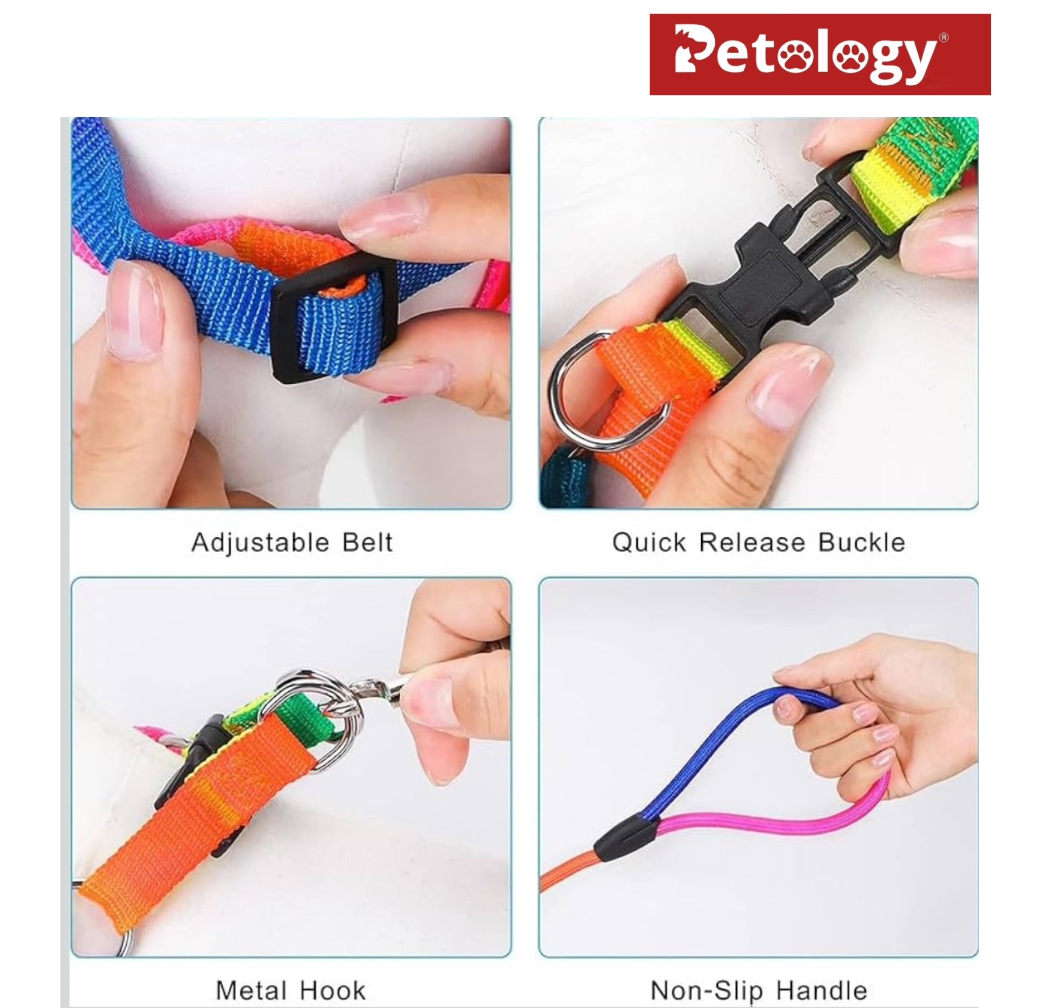 PAWPET Rainbow color No escape harness and Rope Leash adjustable Set, for Cats and Dogs (12 MM & 15 MM Set)