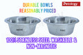 Two stainless steel bowls labeled 'Water' and 'Food' with promotional text on a white background.