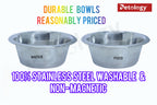Two stainless steel bowls labeled 'Water' and 'Food' with promotional text on a white background.