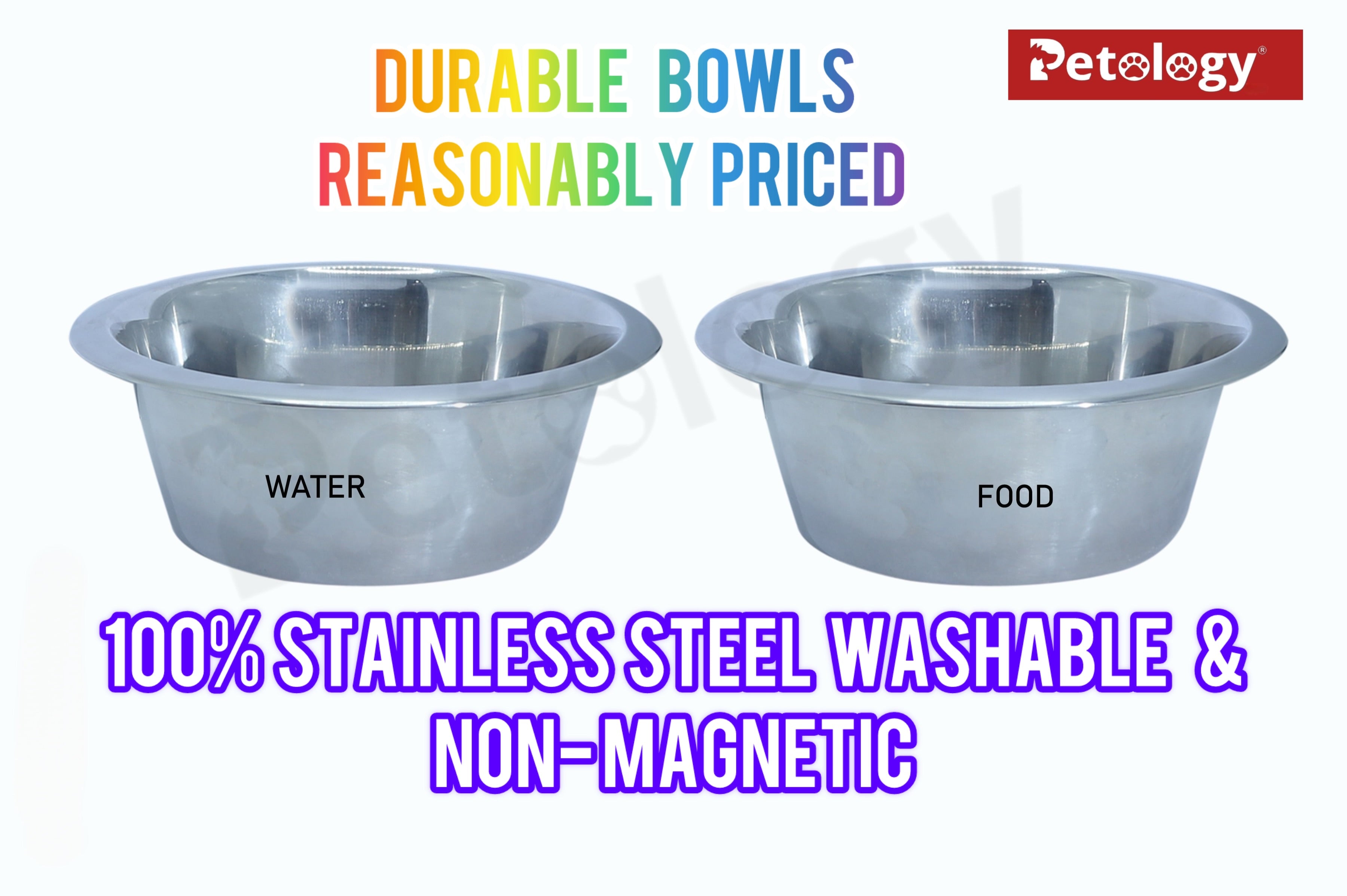 Two stainless steel bowls labeled 'Water' and 'Food' with promotional text on a white background.