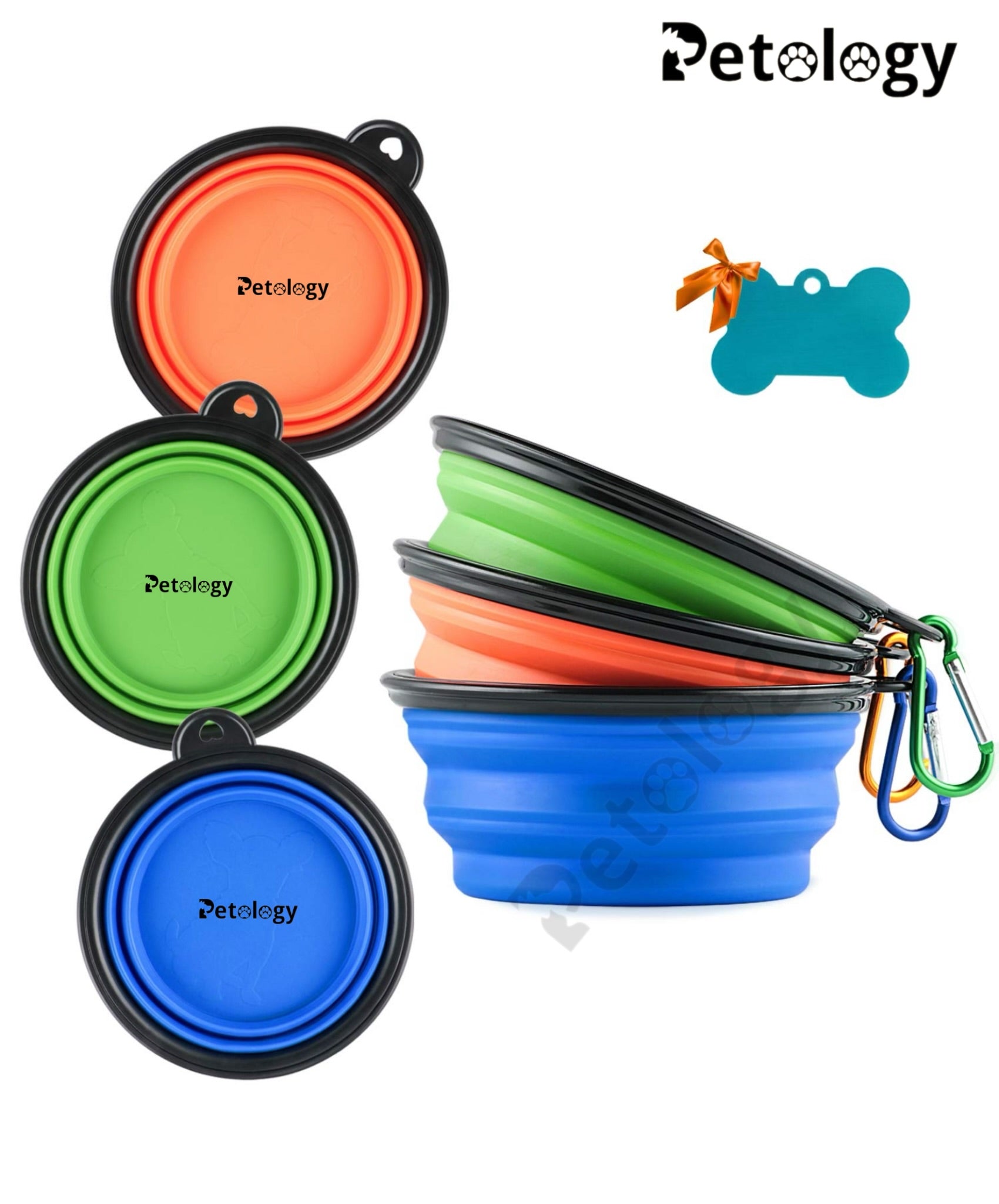 HI-health 2 pcs food & water Collapsible silicone Dog Bowl, Foldable Expandable Cup Dish for Food- Water Feeding Portable Travel Bowl, Free Pet ID-Tag