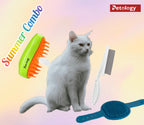  cat with grooming tools on a colorful background, featuring the Petology brand.