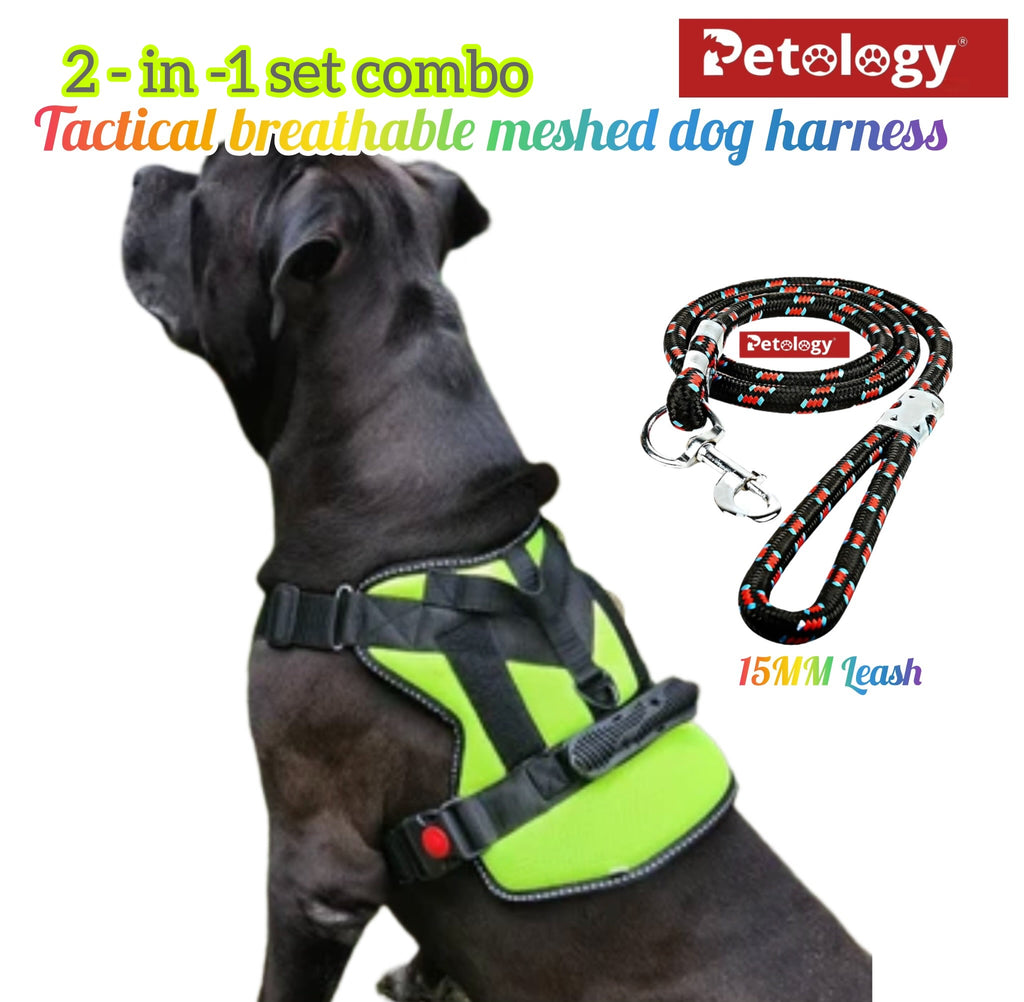 A black dog wearing a bright neon green and black Petology tactical breathable mesh harness, shown next to a matching black and red patterned leash on a white background with promotional text.