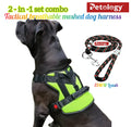 A black dog wearing a bright neon green and black Petology tactical breathable mesh harness, shown next to a matching black and red patterned leash on a white background with promotional text.
