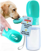Pet water bottle with built-in filtering system and a dog drinking from it.