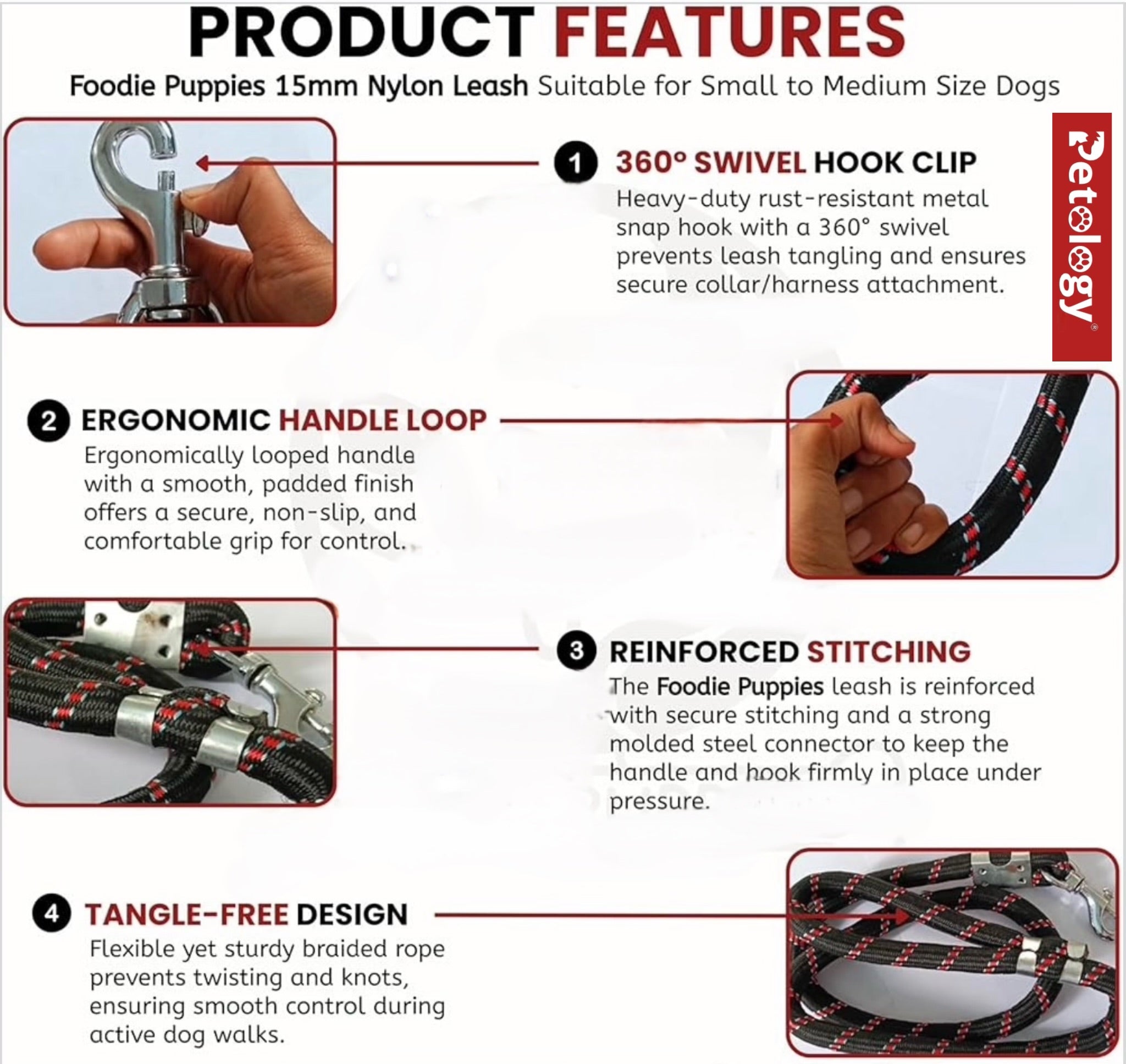 PAWPET Dog Training Walking Rope - Nylon Leash (12mm,15mm,18mm,22mm) for Small , Medium, large Sized Dogs With Strong Hook - Color May Vary