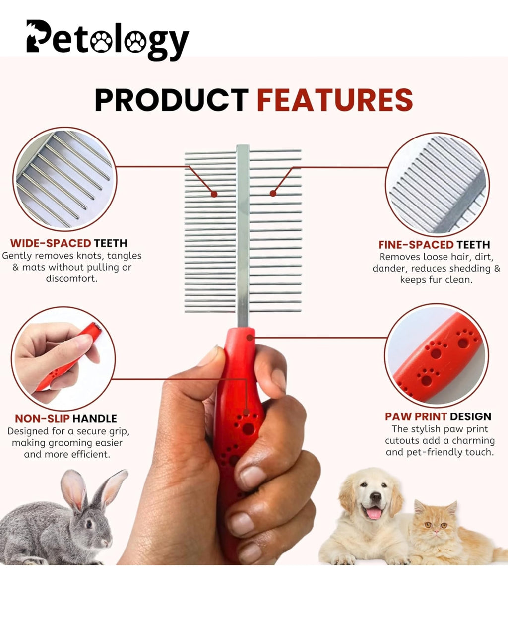 HiHygeine Puppies Double Side Steel Needles Comb for Dogs and Cats - (Paw Print) Grooming Rake Shedding for Dogs, Cats - Best Cleaning for all Pets (Color May Vary)