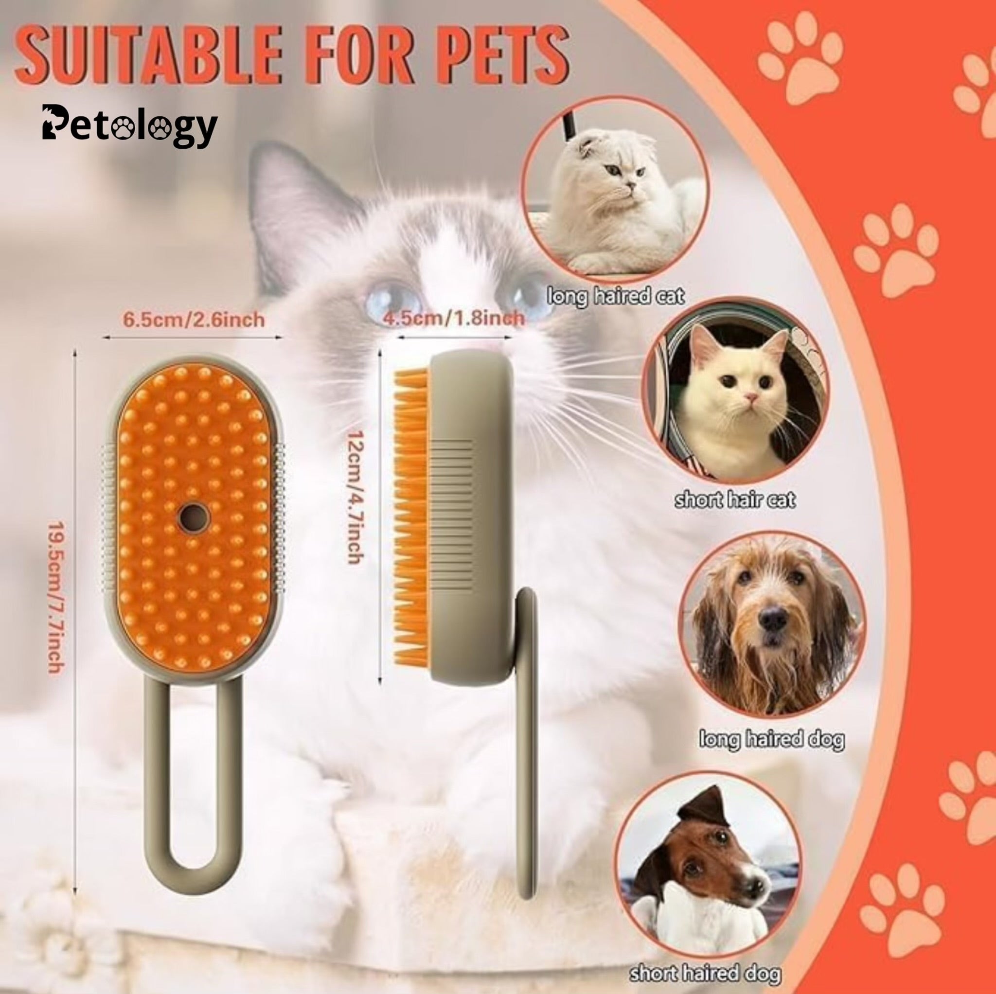 Petology exclusive Steam Brush for Dog & Cat  3 in 1 Water Brush for Dogs Silicone Massage Dog Comb Electric Multifunctional Water Brush Spa for Dogs USB Rechargeable Steamy Brush (Beige with orange)