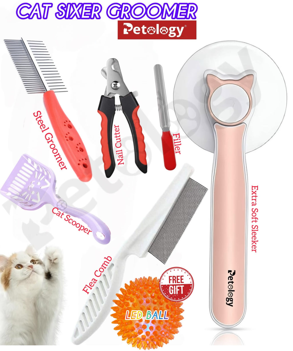 STOP WASTING money onCat grooming,Cat Combo Sixer Groomer is here, 6 tools to give perfect grooming without going anywhere,Xtra soft Sleeker,check fleas and mits,Nail cutter and filler,Rounded steel 2 sided comb to give a neat look.(colors Vary)