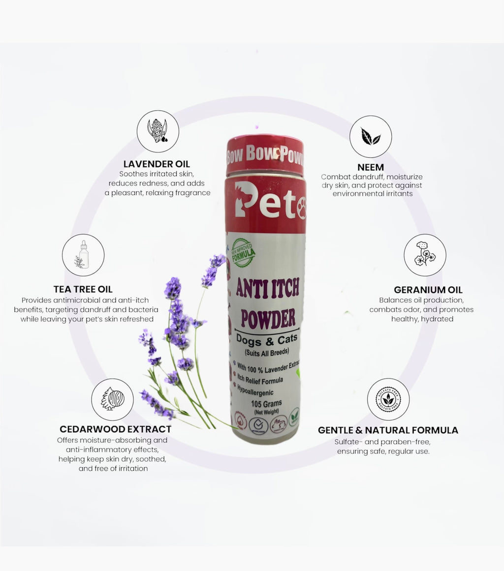 Bow Bow 100% itch relief Lavender extract powder & Neem extract for Dogs to relief of Itchiness of dogs and Cats smoothens skin,moisturises patchy skin in weeks.