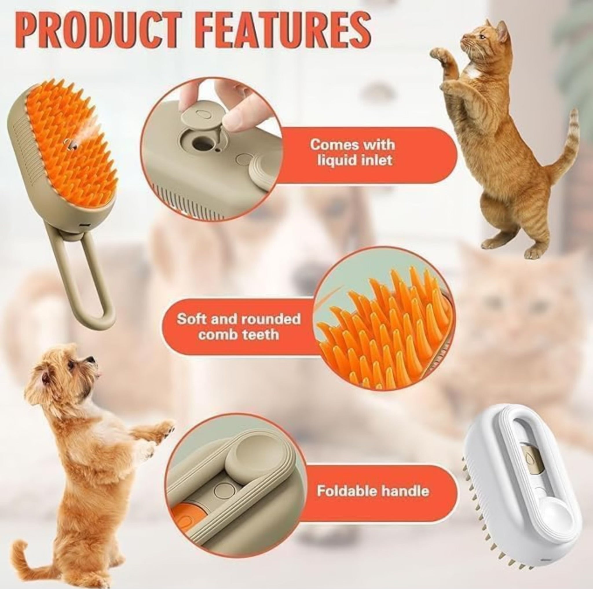 Petology exclusive Steam Brush for Dog & Cat  3 in 1 Water Brush for Dogs Silicone Massage Dog Comb Electric Multifunctional Water Brush Spa for Dogs USB Rechargeable Steamy Brush (Beige with orange)