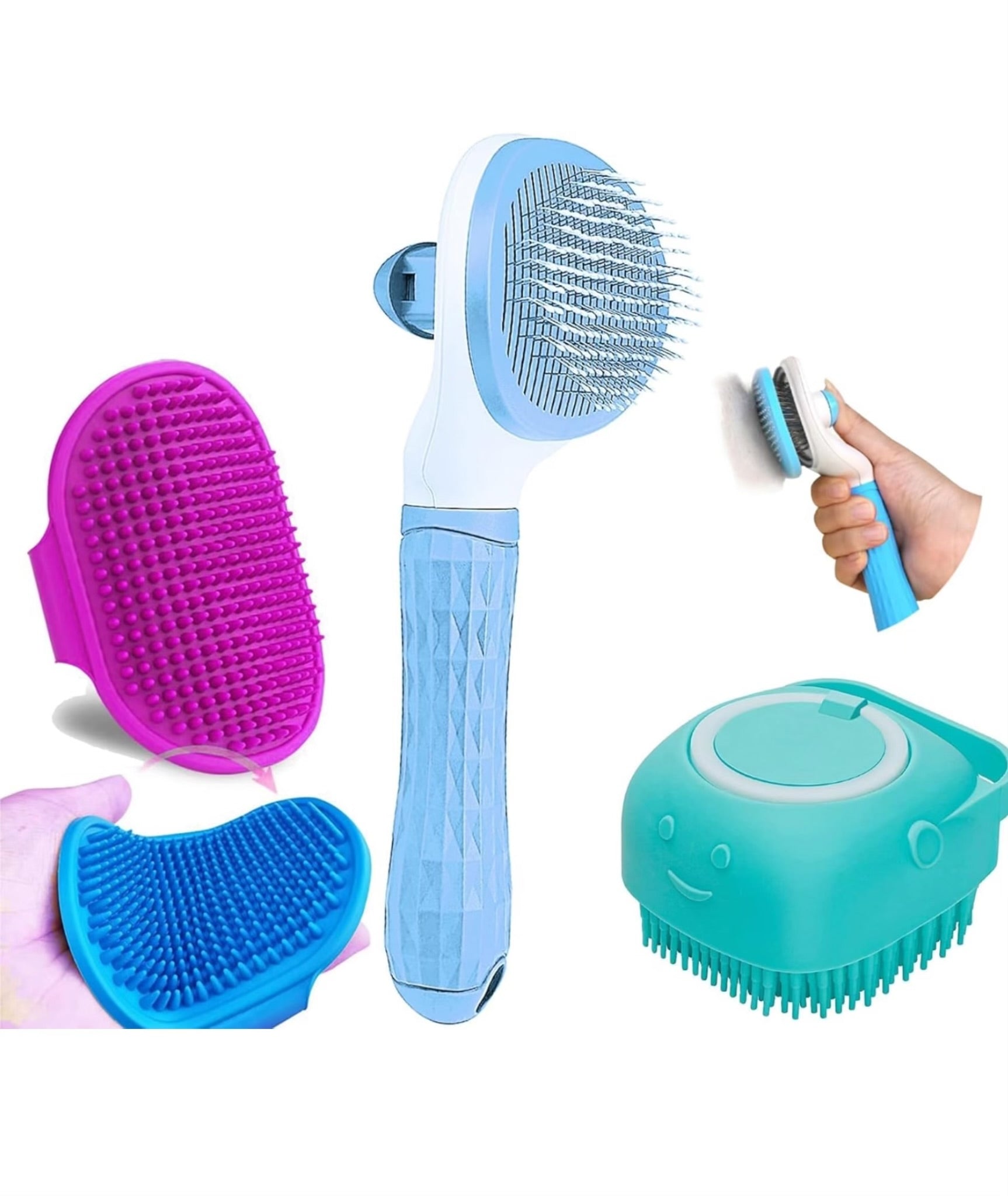 Hi Health COMBO 3 pcs Self Cleaning Slicker Shedding Brush ,Pet Bath Massage Brush With Soap & Shampoo Dispenser Soft Silicone Bristle For Long Short Haired Dogs Cats Shower.