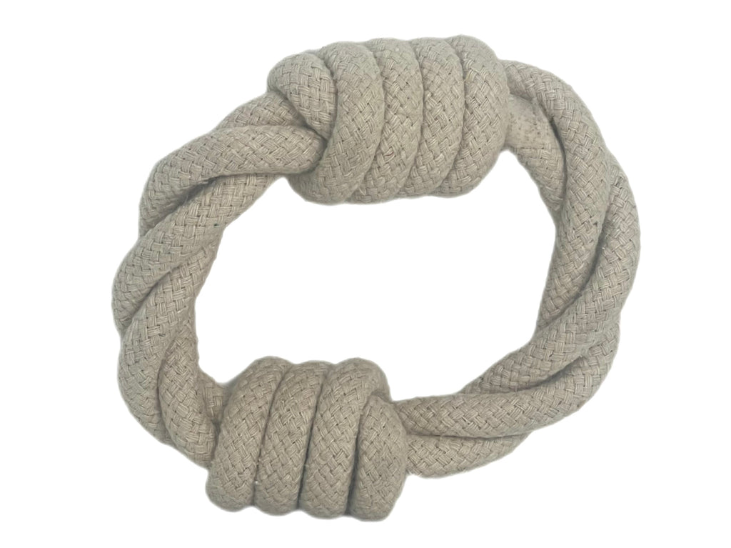 Gray knotted rope toy on a white background