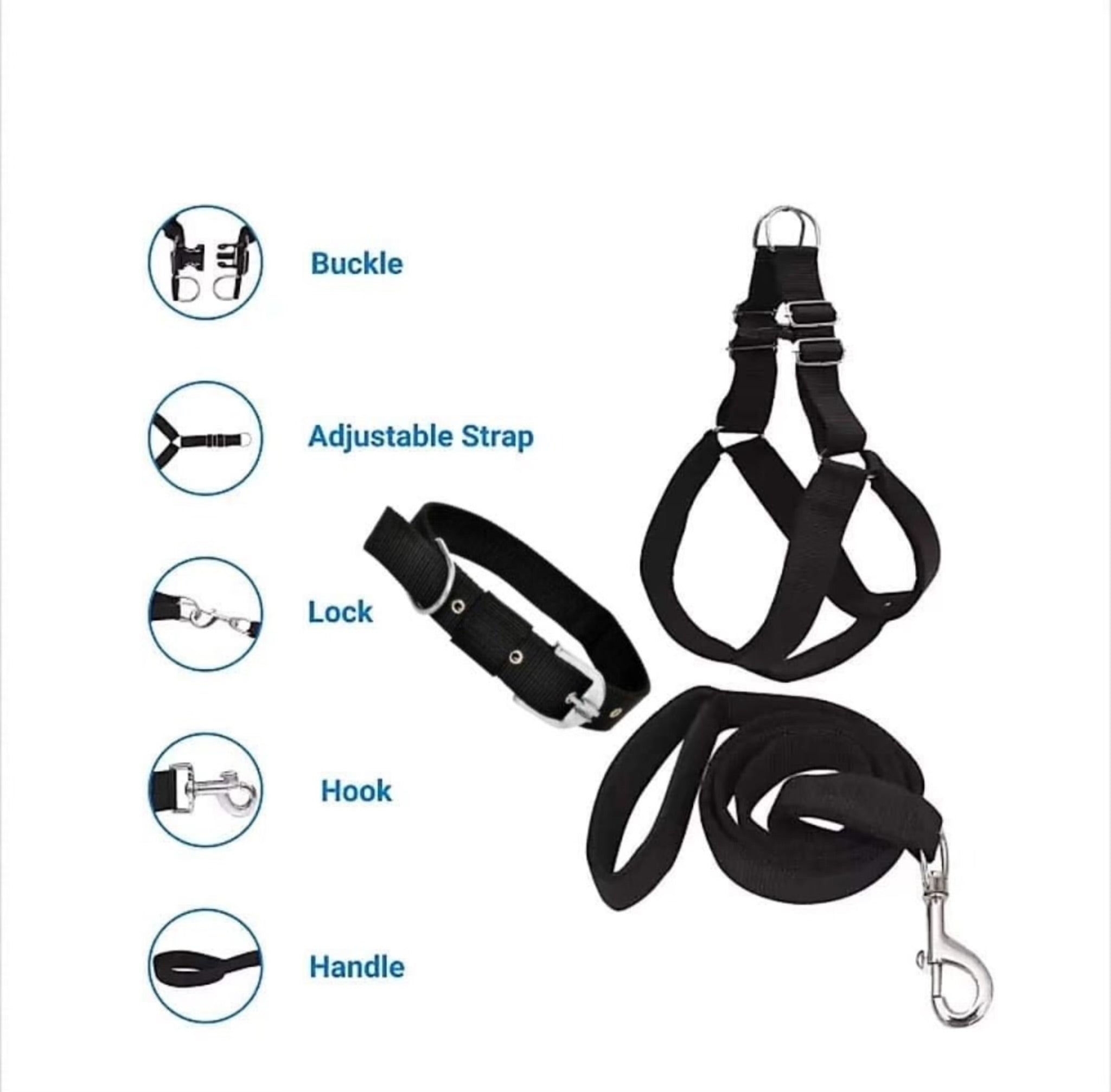 PETOLOGY COMBO(Small,Medium,Large size) No Pull Dog Harness, Collar and Leash Combo Set(Set of 3 pcs) Soft , Adjustable for all breeds, 05 - 45 Kilograms Dogs ( Black)