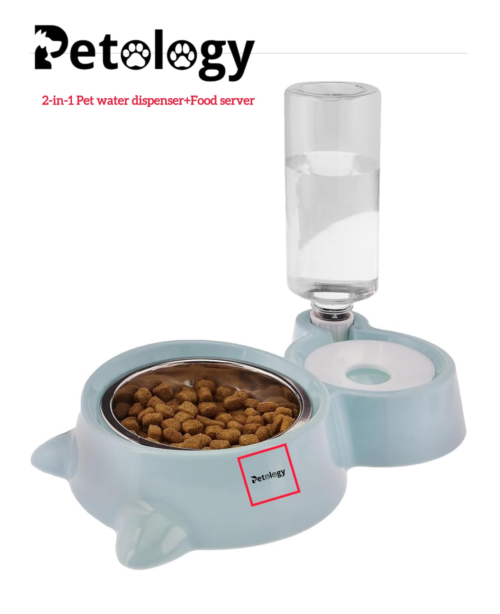 Pet water dispenser and food server with Petology branding on a white background