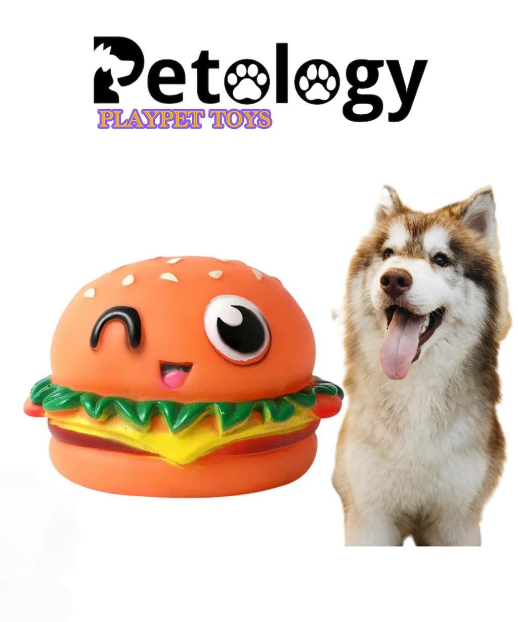 Playpets 100% Latex Burger Squeaky Durable & Interactive Chew Toy for Dogs & Cats ,Fun Squeaker , Solo Play all size Breeds , Dental Health