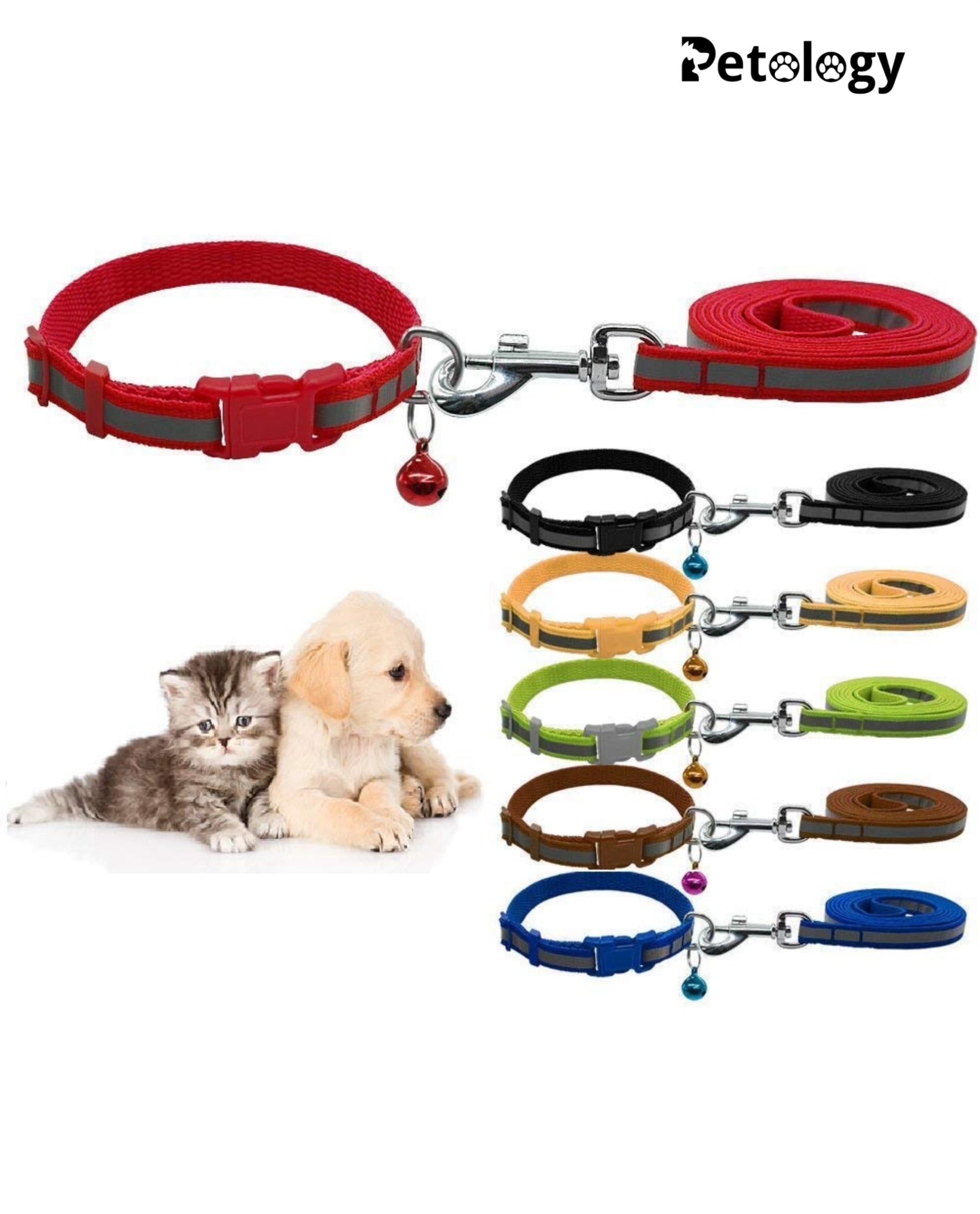 PLAYPET Reflective Leash Collar Set with Bell for Cats and Dogs 10mm, Colour May Vary