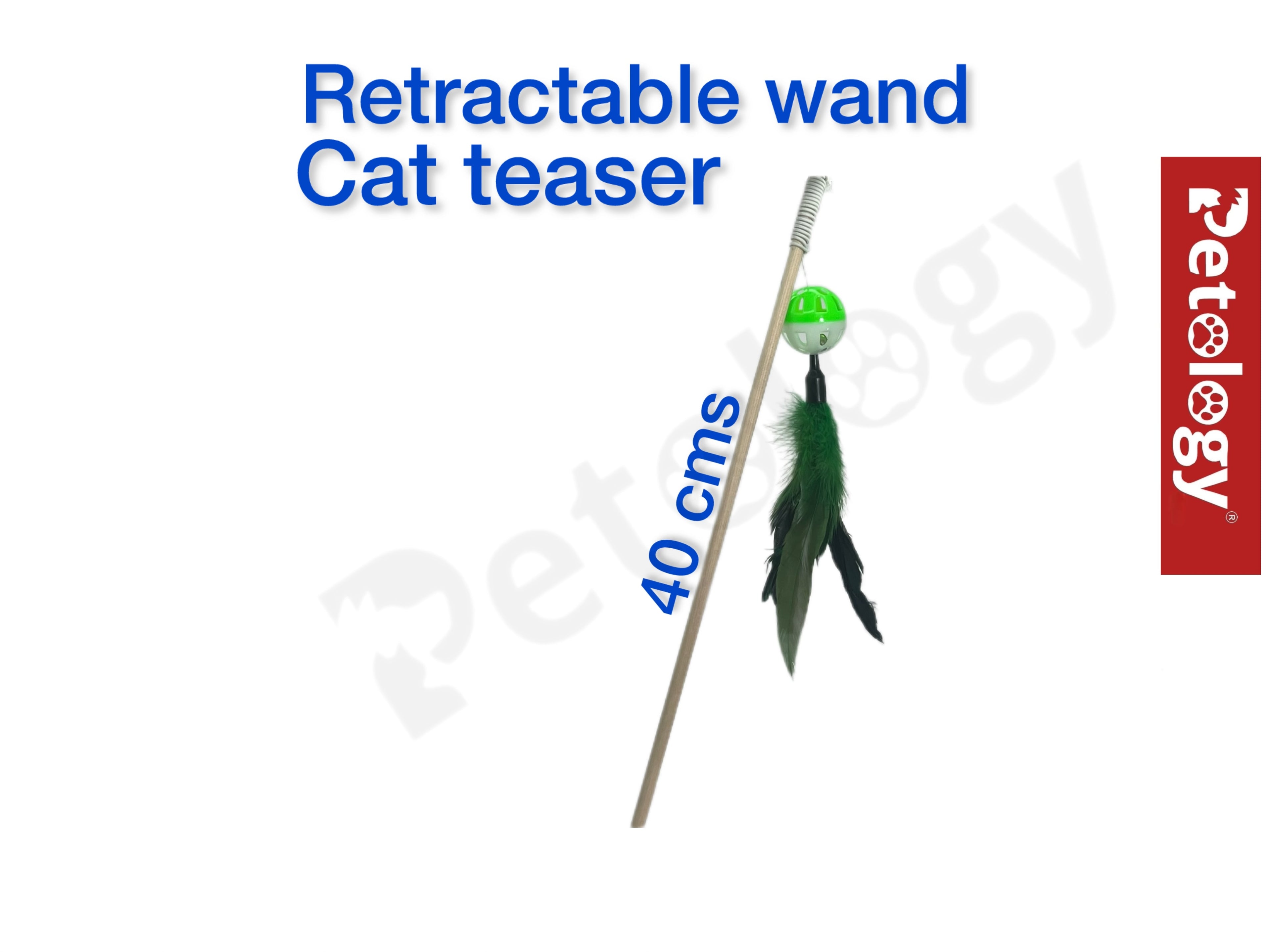 Retractable wand cat teaser with feather attachment on a white background, featuring Petology branding.