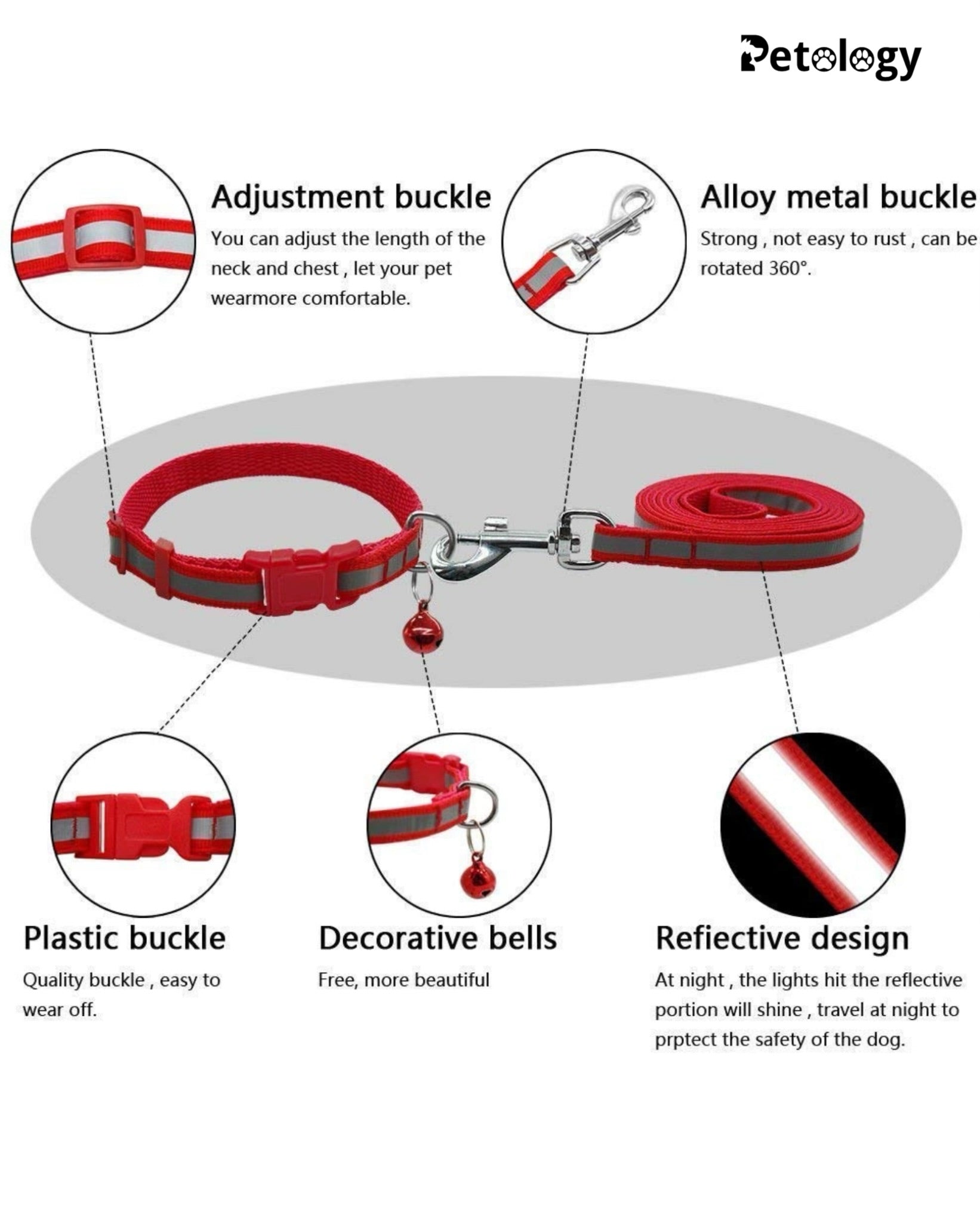 PLAYPETS(ANY 2 PCS) Reflective Leash Collar Set with Bell for Cats and Dogs 10mm, Colour May Vary