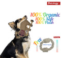 Dog playing with a plush toy, with text highlighting organic safety and plushness, and a free chew and tug toy offer.