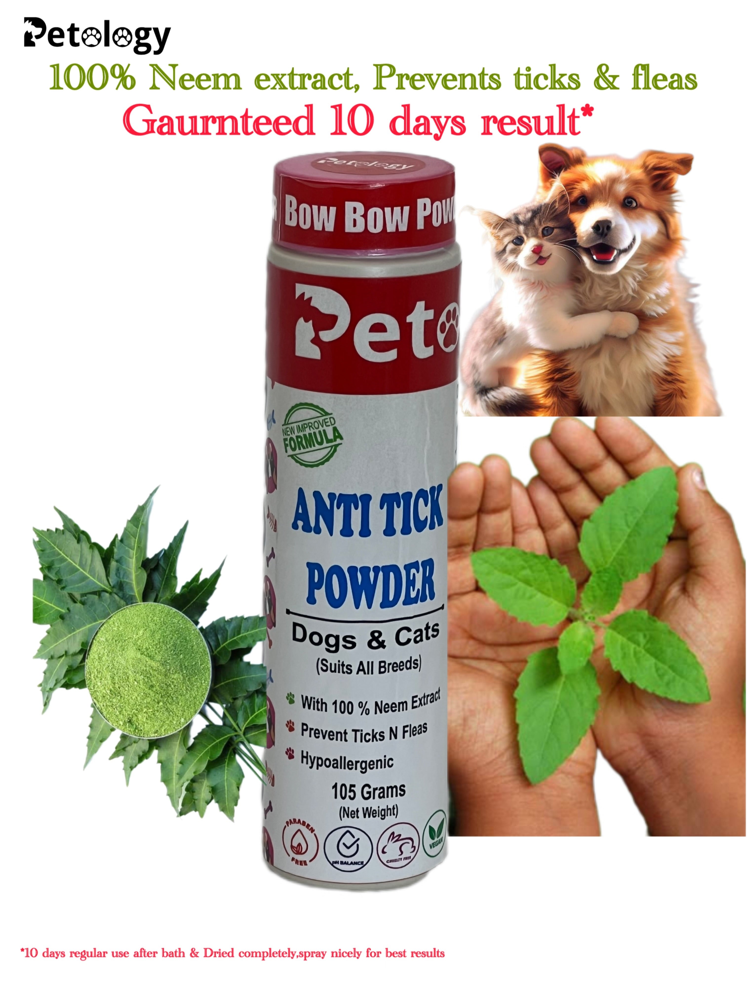 BOW BOW  100% Natural Anti-Tick, Lice & Flea Dogs & Cats Powder for Soft & Conditioned Coat No Rinse Anti-Itching ,Dog Powder for Ticks and Fleas – All Breeds-105 Gm