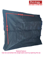 Navy blue dog seat cover with measurements and Petology branding on a white background