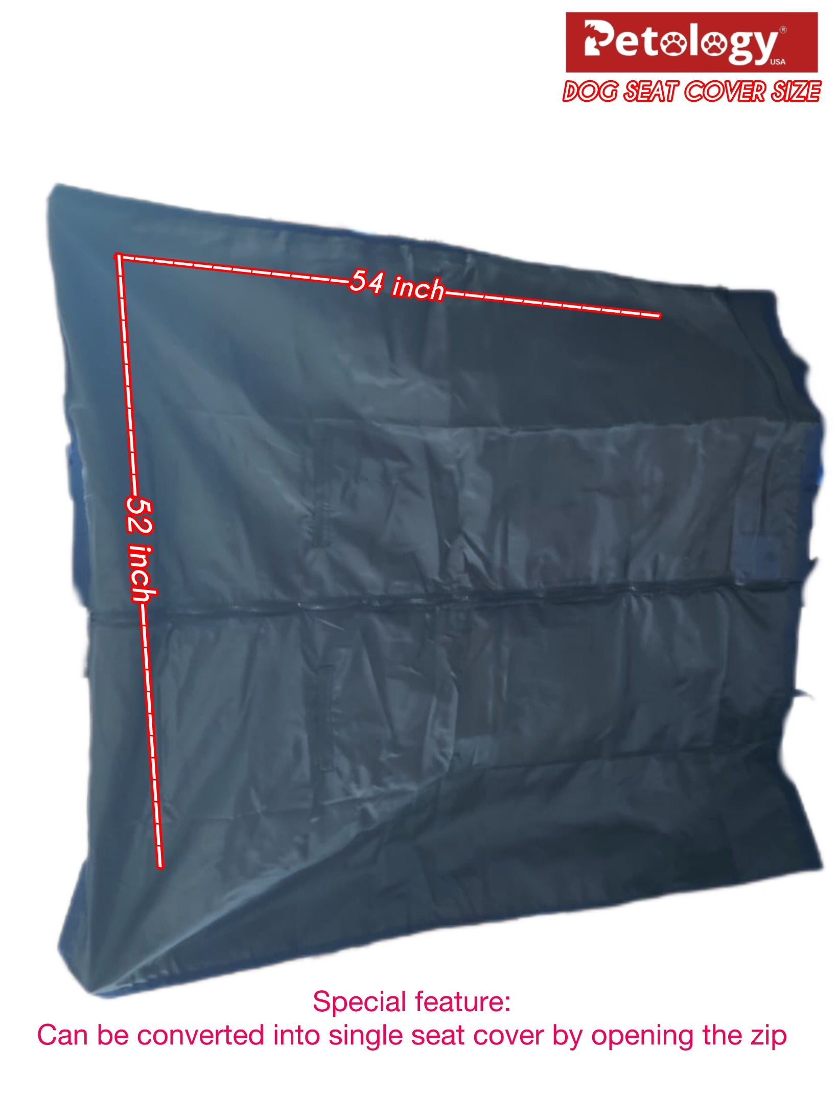 Navy blue dog seat cover with measurements and Petology branding on a white background