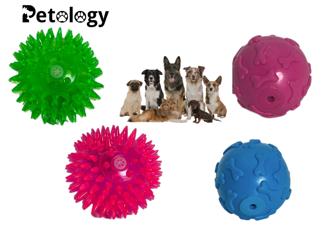 Playpets perfect combo of 4 Safe fetch teething balls with combo squeaky, spiky & soft latex balls to keep boredom away for all dog breeds and ages( Multi colour)