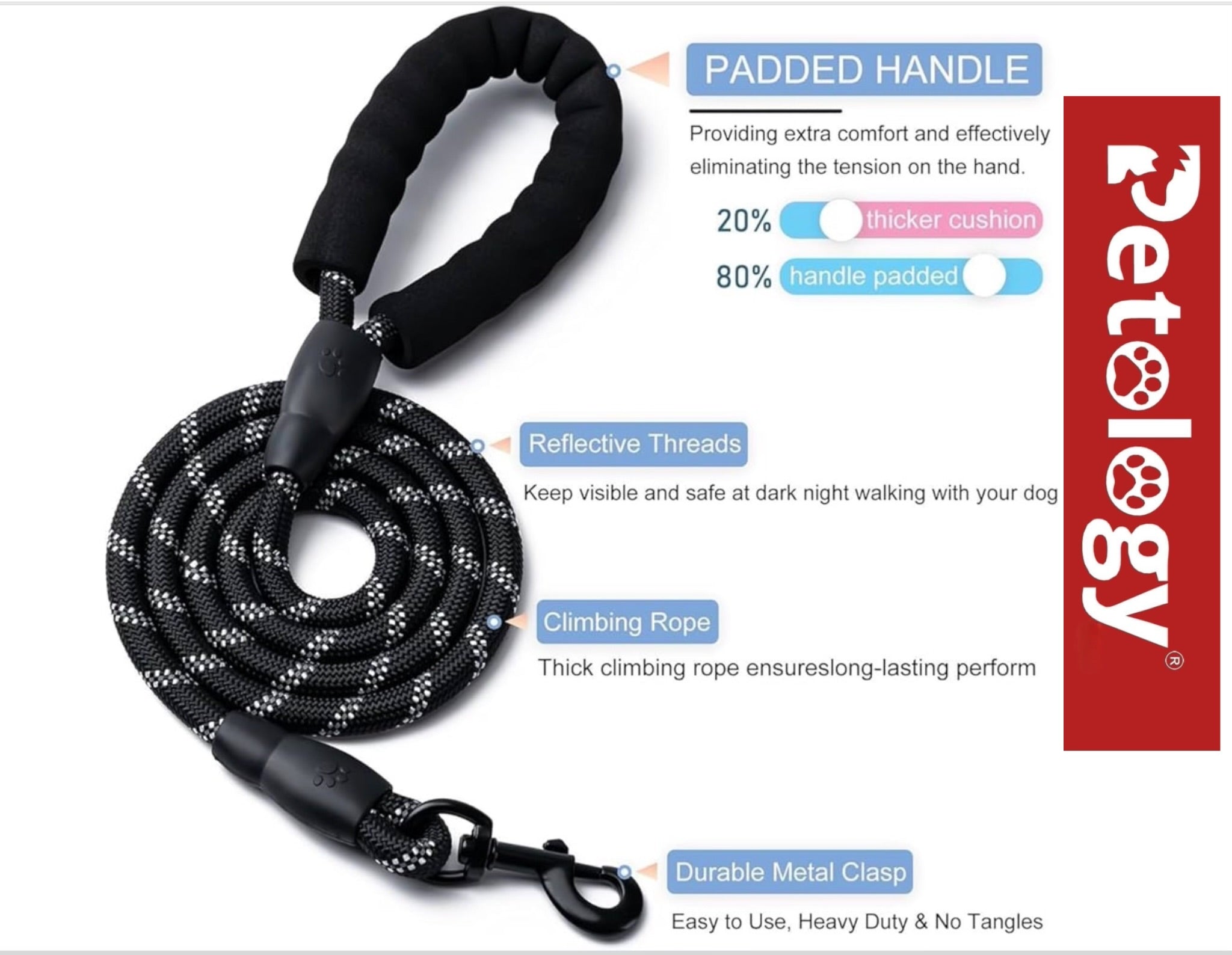Petology Heavy Duty Nylon Dog Leash Anti Slip Padded Handle Long Highly Reflective Dog Rope for Medium & Large Dogs Training Leash (Black, 5 & 6.5 Feet Long)