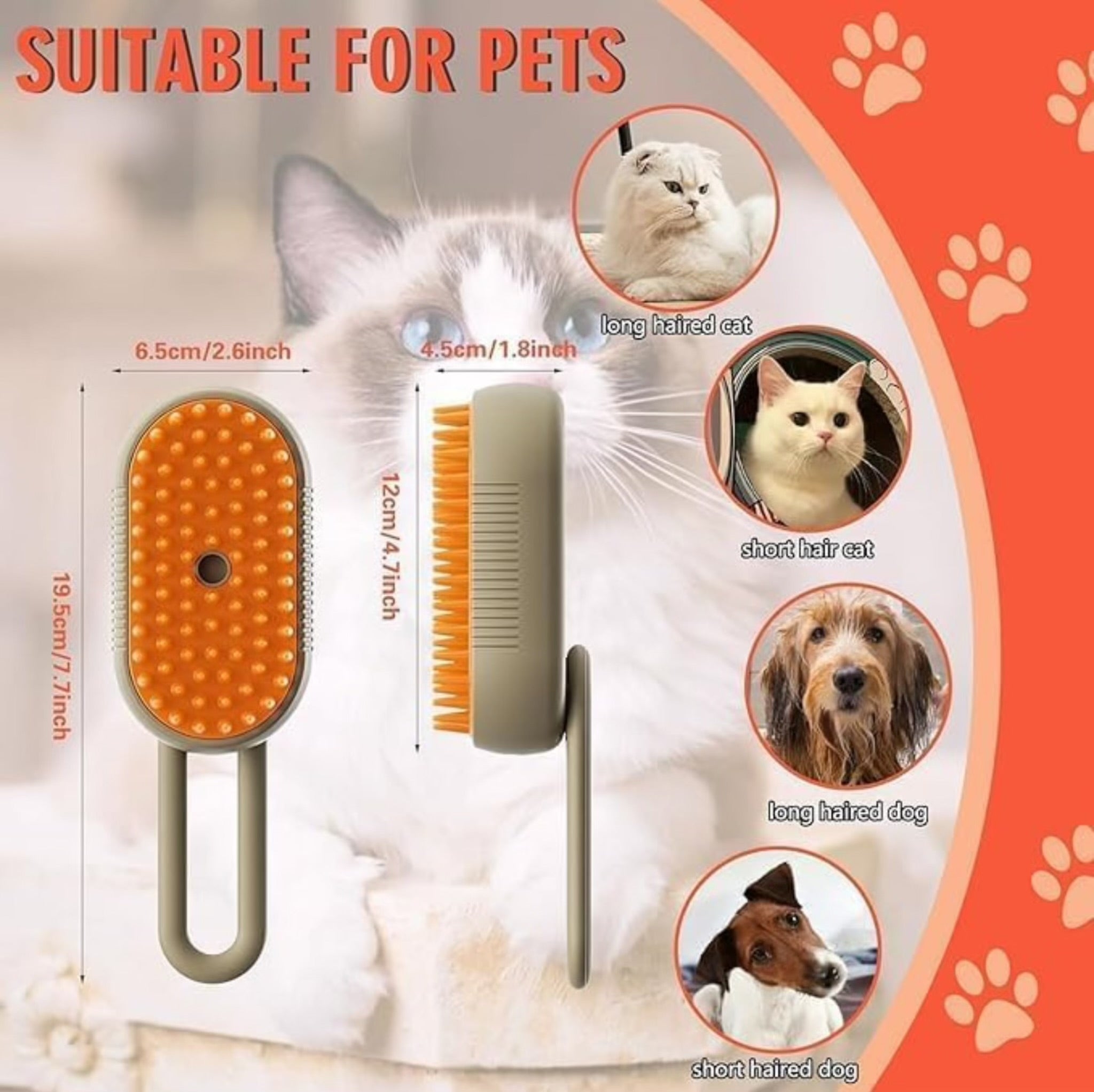 Petology exclusive Steam Brush for Dog & Cat  3 in 1 Water Brush for Dogs Silicone Massage Dog Comb Electric Multifunctional Water Brush Spa for Dogs USB Rechargeable Steamy Brush (Beige with orange)