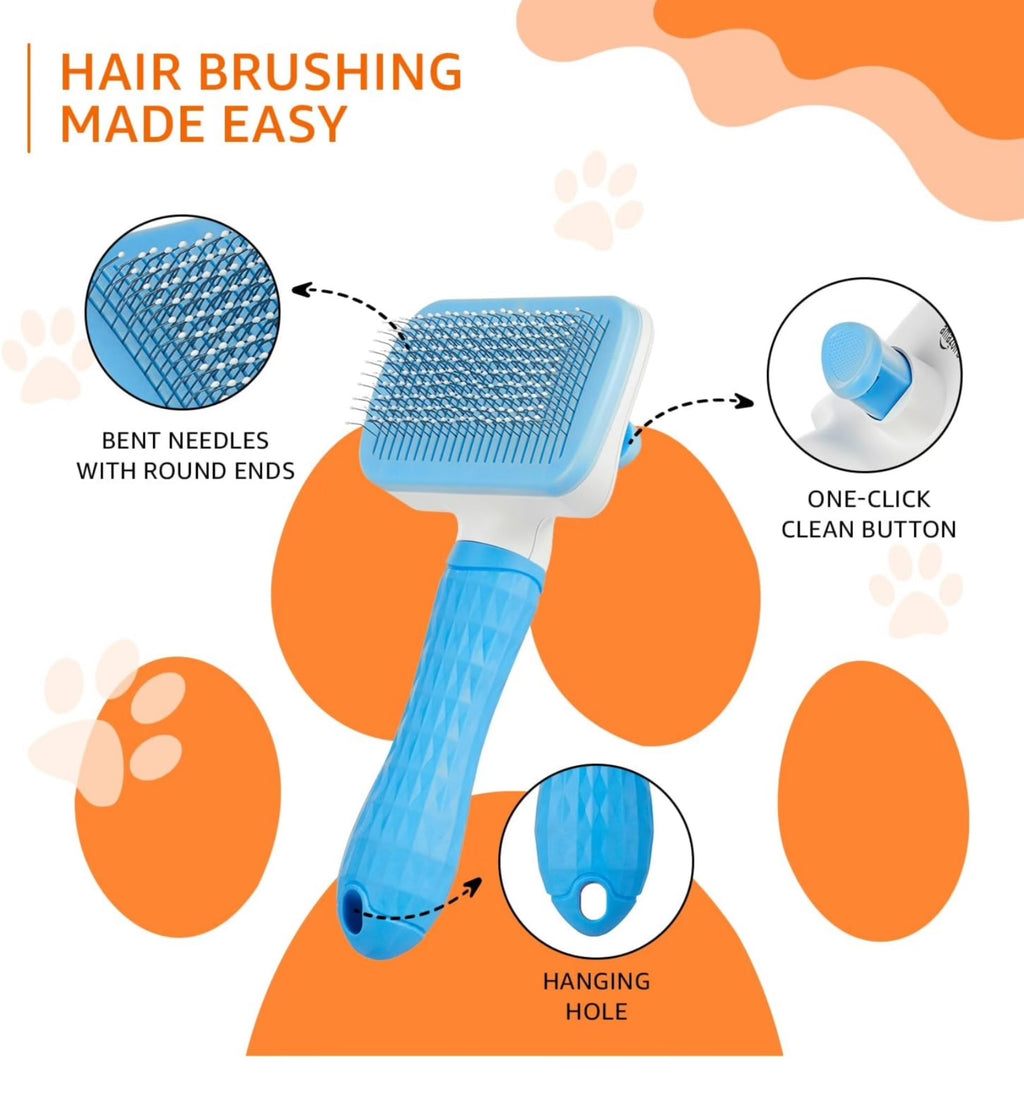 Auto Cleaning Slicker Pet Grooming Brush & Stainless Steel Pet Feeding Bowls (Set of 400 ml) for All Pets